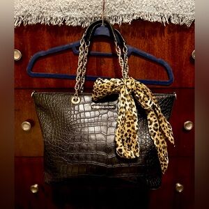 Versace Jeans Collection Black Croc-Embossed Tote with Leopard Accent